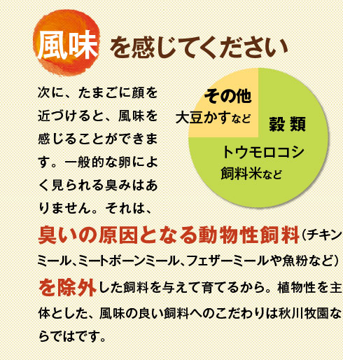 一般的な卵によく見られる臭みはありません。それは、臭いの原因となる動物性飼料を除外した飼料を与えて育てるから。