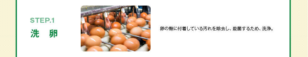 洗卵　卵の殻に付着している汚れを除去し、殺菌するため、洗浄。