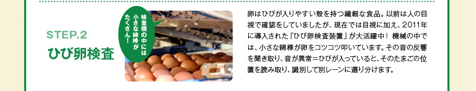ひび卵検査装置の中で、小さな綿棒が卵をコツコツ叩いています。その音の反響を聞き取り、音が異常であればひびが入っていると読み取ります。